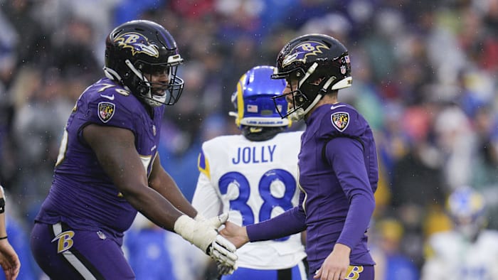 Dec 10, 2023; Baltimore, Maryland, USA;  Baltimore Ravens place kicker Justin Tucker (9) celebrates