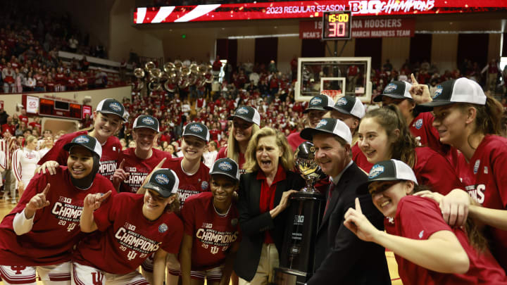 Indiana University president Pamela Whitten celebrates with...