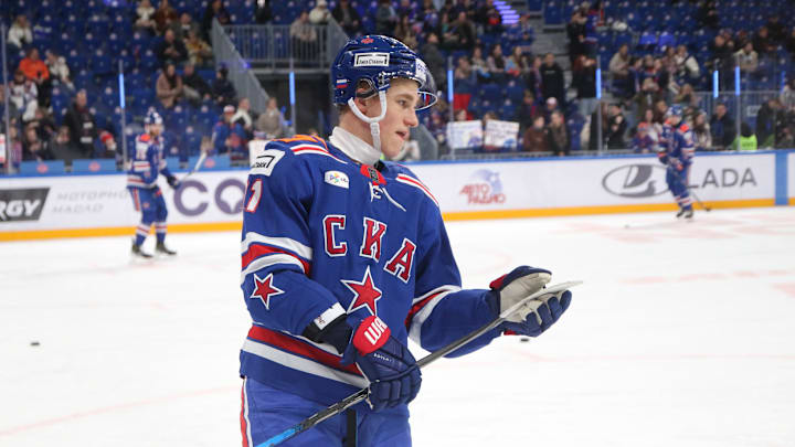 Ivan Demidov (91) of SKA Hockey Club seen in action during...