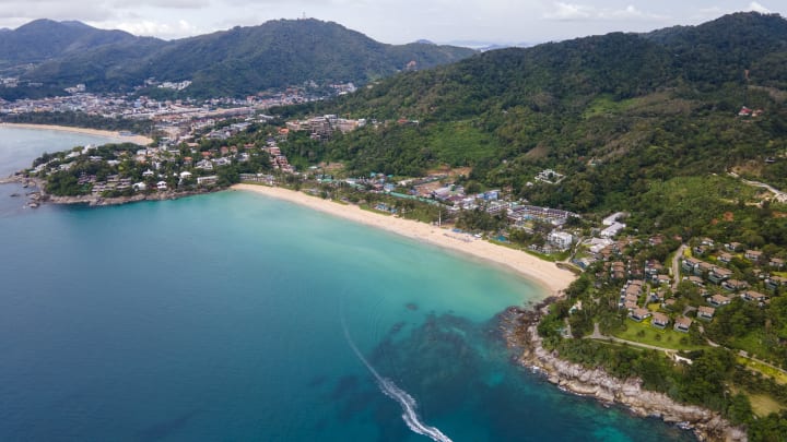 In an aerial view, Kata Noi beach stretches out along the