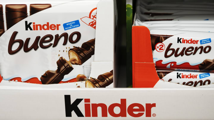 Kinder Bueno Chocolate Bar Packaging on a shelf in a store...