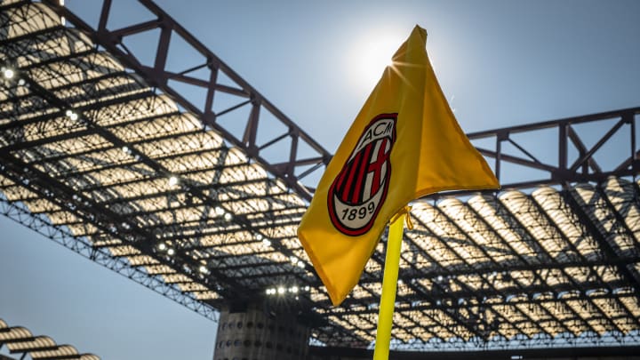 A corner flag bearing AC Milan logo crest in seen prior to...