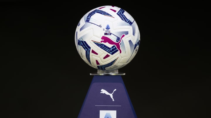 The official Serie A match ball Puma 'Orbita' is seen on a...