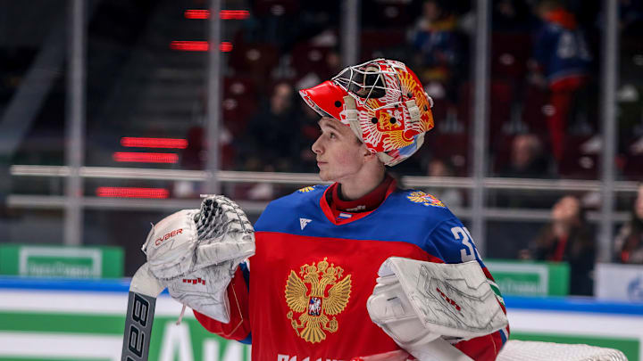 Russia U20 Hockey team player, Sergei Murashov (35) seen...