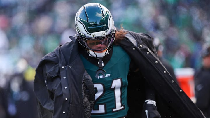 Dec 14, 2025; Philadelphia, Pennsylvania, USA; Philadelphia Eagles safety Sydney Brown (21) on the sidelines during the second quarter against the Las Vegas Raiders at Lincoln Financial Field. Mandatory Credit: Bill Streicher-Imagn Images