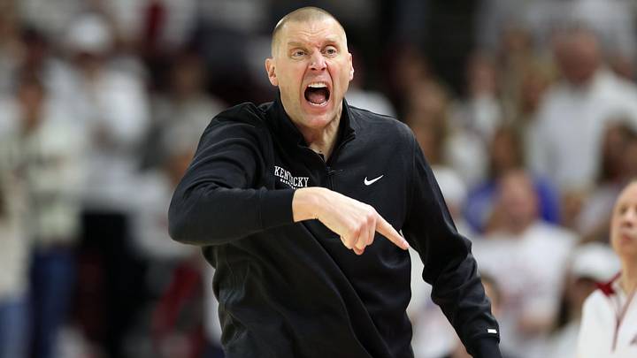 Jan 31, 2026; Fayetteville, Arkansas, USA; Kentucky Wildcats head coach Mark Pope during the game against the Arkansas Razorbacks at Bud Walton Arena. Kentucky won 85-77. Mandatory Credit: Nelson Chenault-Imagn Images