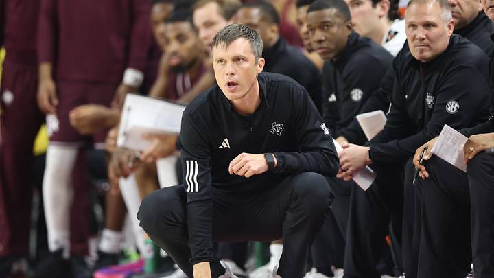 Feb 25, 2026; Fayetteville, Arkansas, USA; Texas A&M Aggies head coach Bucky McMillan looks on against the Arkansas Razorbacks during the first half at Bud Walton Arena. Mandatory Credit: Nelson Chenault-Imagn Images