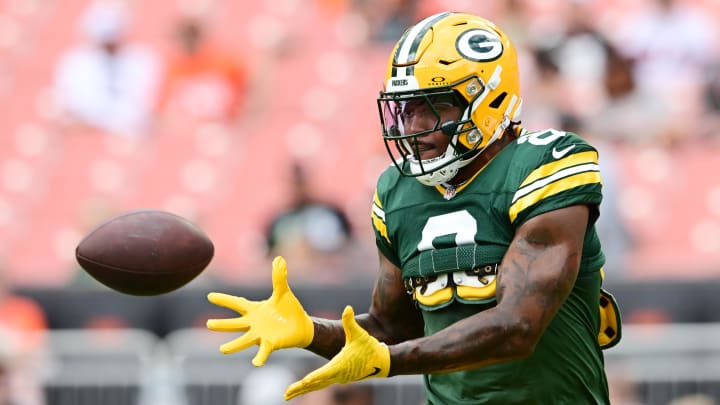 Aug 10, 2024; Cleveland, Ohio, USA; Green Bay Packers running back Josh Jacobs (8) warms up before the game between the Packers and the Cleveland Browns at Cleveland Browns Stadium. Mandatory Credit: Ken Blaze-USA TODAY Sports