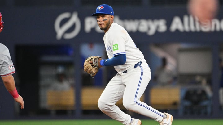 Toronto Blue Jays shortstop Leo Jimenez (49) looks to turn a double play after a force out at second against the Los Angeles Angels in the fifth inning at Rogers Centre in Toronto on Aug. 22, 2024. 