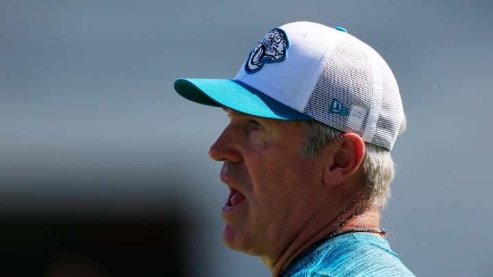 Jacksonville Jaguars head coach Doug Pederson instructs during the first day of an NFL football training camp practice Wednesday, July 24, 2024 at EverBank Stadium’s Miller Electric Center in Jacksonville, Fla.