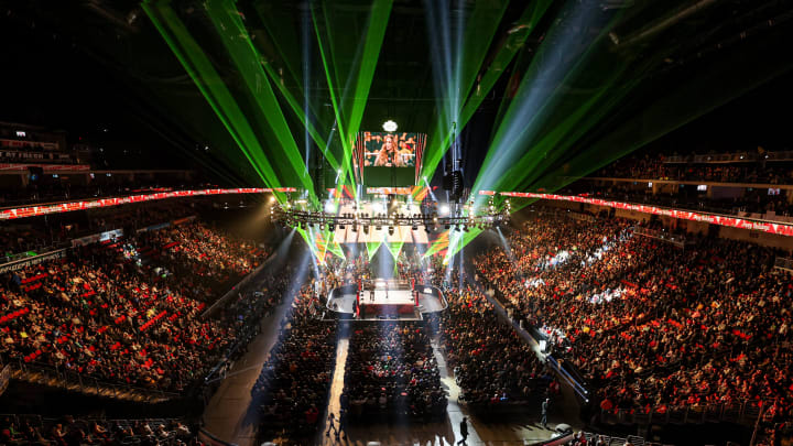 A full house watches the excitement of \"WWE Monday Night Raw\" at Wells Fargo Arena in Des Moines.