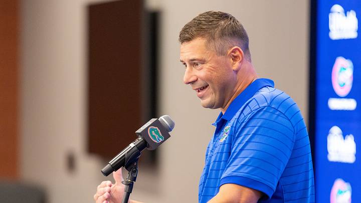 Florida Head Coach Jon Sumrall speaks during Florida Football Fall camp availability at Heavener Football Training Center in Gainesville, FL on Tuesday, August 4, 2026. [Alan Youngblood/Gainesville Sun]