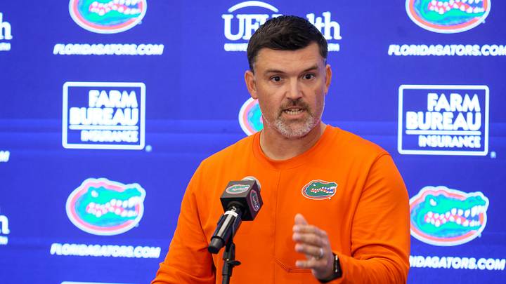 Defensive Coordinator Brad White speaks during Florida Football Fall camp availability at Heavener Football Training Center in Gainesville, FL on Tuesday, August 4, 2026. [Alan Youngblood/Gainesville Sun]