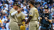 Oct 1, 2025; Chicago, Illinois, USA; San Diego Padres relief pitcher Robert Suarez (75) celebrates with teammates after the final out for the win against the Chicago Cubs in the ninth inning during game two of the Wildcard round for the 2025 MLB playoffs at Wrigley Field. Mandatory Credit: Matt Marton-Imagn Images