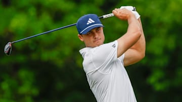 Ludvig Åberg tees off during the first round of the 2025 Memorial Tournament