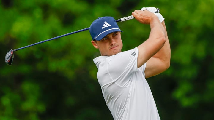 Ludvig Åberg tees off during the first round of the 2025 Memorial Tournament