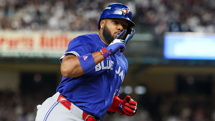 Oct 7, 2025; Bronx, New York, USA; Toronto Blue Jays first baseman Vladimir Guerrero Jr. (27) reacts after hitting a two-run home run in the first inning against the New York Yankees during game three of the ALDS round for the 2025 MLB playoffs at Yankee Stadium. Oct 7, 2025; Bronx, New York, USA; Toronto Blue Jays first baseman Vladimir Guerrero Jr. (27) reacts after hitting a two-run home run in the first inning against the New York Yankees during game three of the ALDS round for the 2025 MLB playoffs at Yankee Stadium.