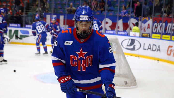 SKA Hockey Club player, Ivan Demidov (11) seen in action...