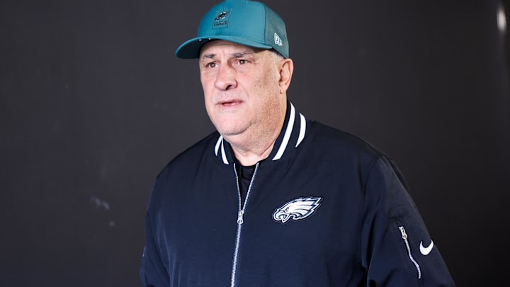 Dec 14, 2025; Philadelphia, Pennsylvania, USA; Philadelphia Eagles defensive coordinator Vic Fangio walks onto the field before the game against the Las Vegas Raiders at Lincoln Financial Field.