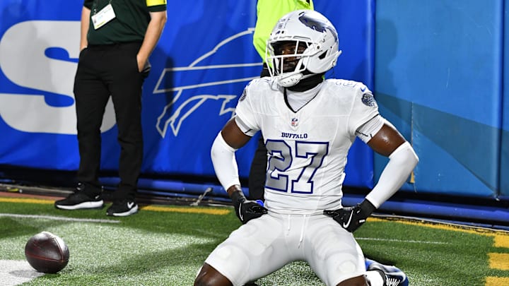 Buffalo Bills cornerback Tre'Davious White reacts against the New England Patriots during the first half at Highmark Stadium.