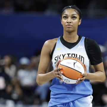 May 25, 2024; Chicago, Illinois, USA; Chicago Sky forward Angel Reese (5) looks to shoot a free throw against the Connecticut Sun during the second half of a WNBA game at Wintrust Arena. Mandatory Credit: Kamil Krzaczynski-USA TODAY Sports