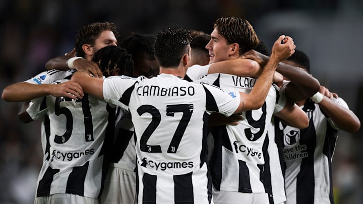 Dusan Vlahovic of Juventus FC celebrates with teammates...