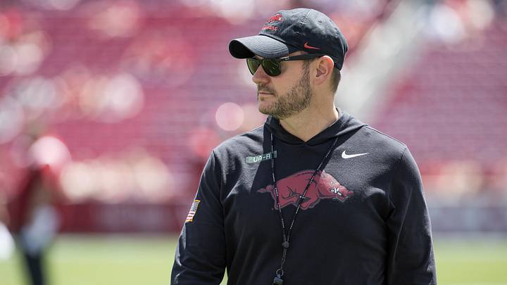 Apr 25, 2026; Fayetteville, AR, USA; Arkansas Razorbacks head coach Ryan Silverfield looks over his players during warmups before the spring game at Donald W. Reynolds Razorback Stadium. Mandatory Credit: Brett Rojo-Imagn Images