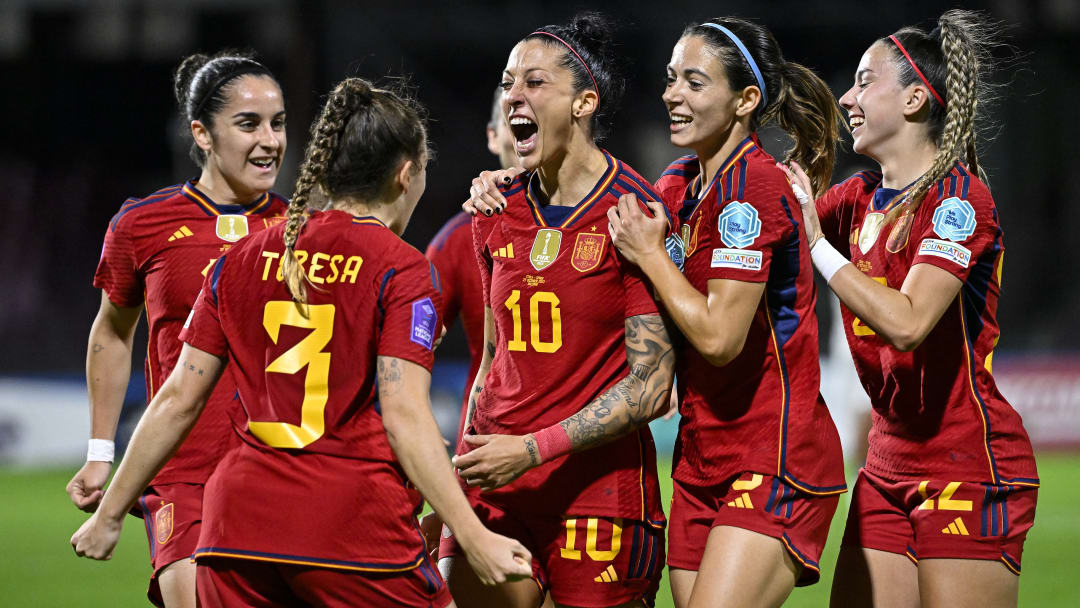 Jenni Hermoso of Spain (c) celebrates with team mates after...