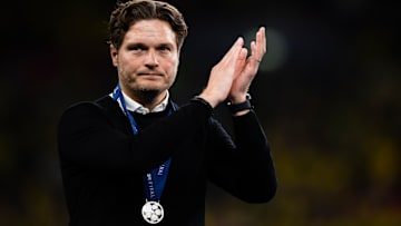 Edin Terzic, head coach of Borussia Dortmund, gestures...