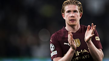 Kevin De Bruyne of Manchester City FC gestures a the end of...