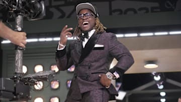 Boise State Broncos running back Ashton Jeanty poses after being selected by the Las Vegas Raiders as the number six pick in the first round of the 2025 NFL Draft at Lambeau Field.