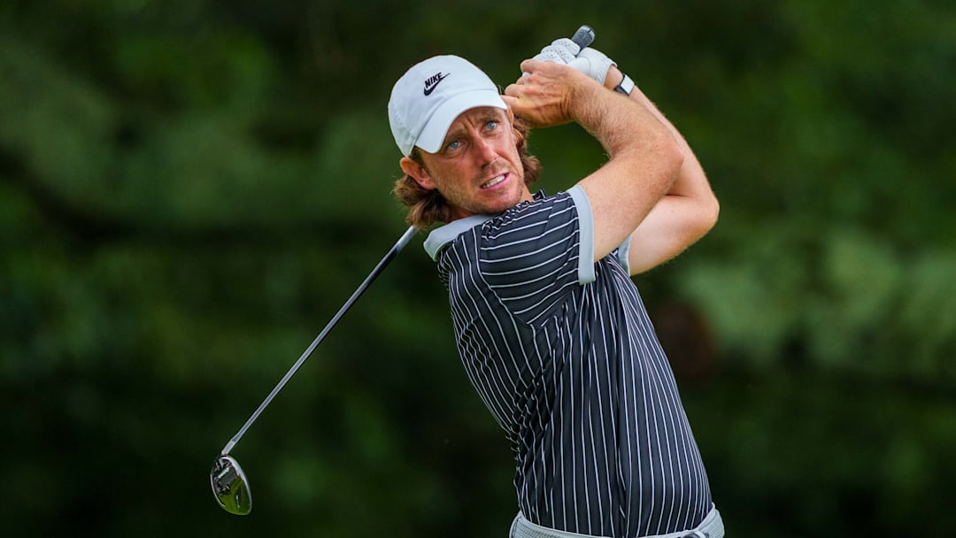 Tommy Fleetwood tees off during the second round of the 2025 Tour Championship at East Lake Golf Club