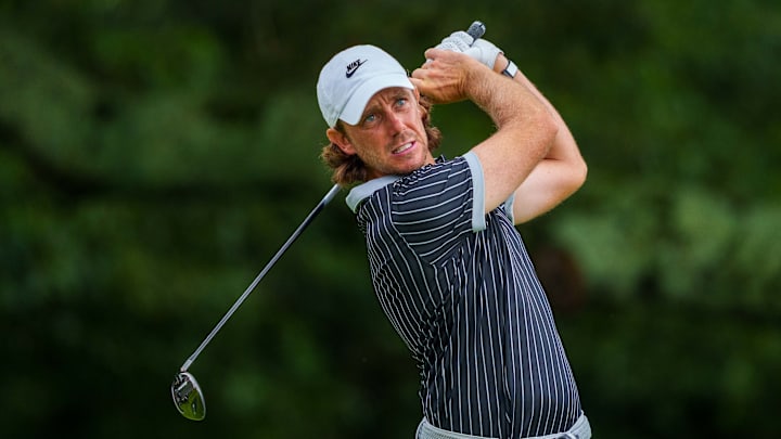 Tommy Fleetwood tees off during the second round of the 2025 Tour Championship at East Lake Golf Club