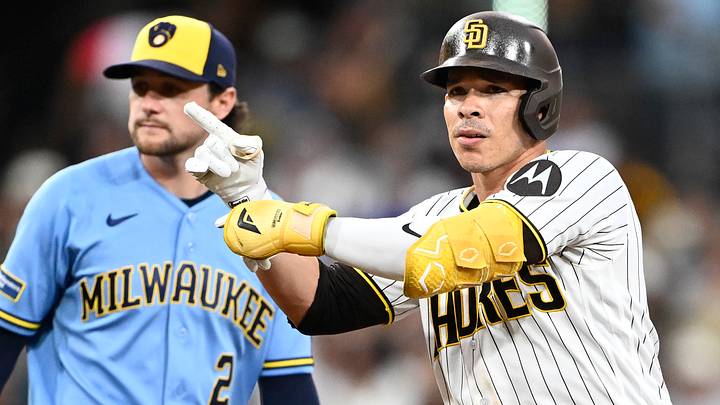 Aug 10, 2026; San Diego, California, USA; San Diego Padres catcher Freddy Fermin (54) gestures after hitting a double during the third inning against the Milwaukee Brewers at Petco Park. Mandatory Credit: Denis Poroy-Imagn Images