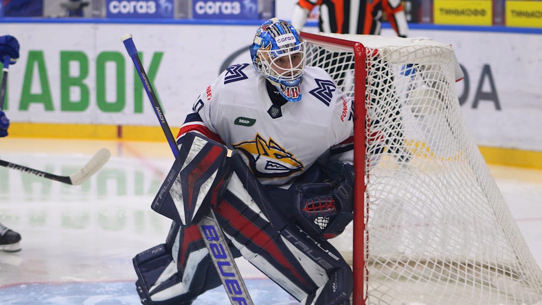 Metallurg Hockey Club player, Ilya Nabokov (30) seen in...