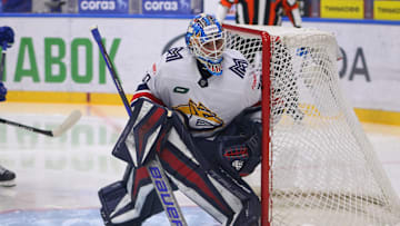 Metallurg Hockey Club player, Ilya Nabokov (30) seen in...