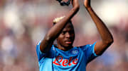 Victor Osimhen of Ssc Napoli greats the fans during the...