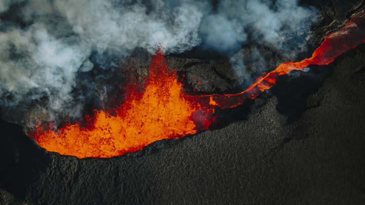 Mauna Loa erupts in Hawaii. A hypothetical eruption of the Yellowstone supervolcano would be thousands of times larger.
