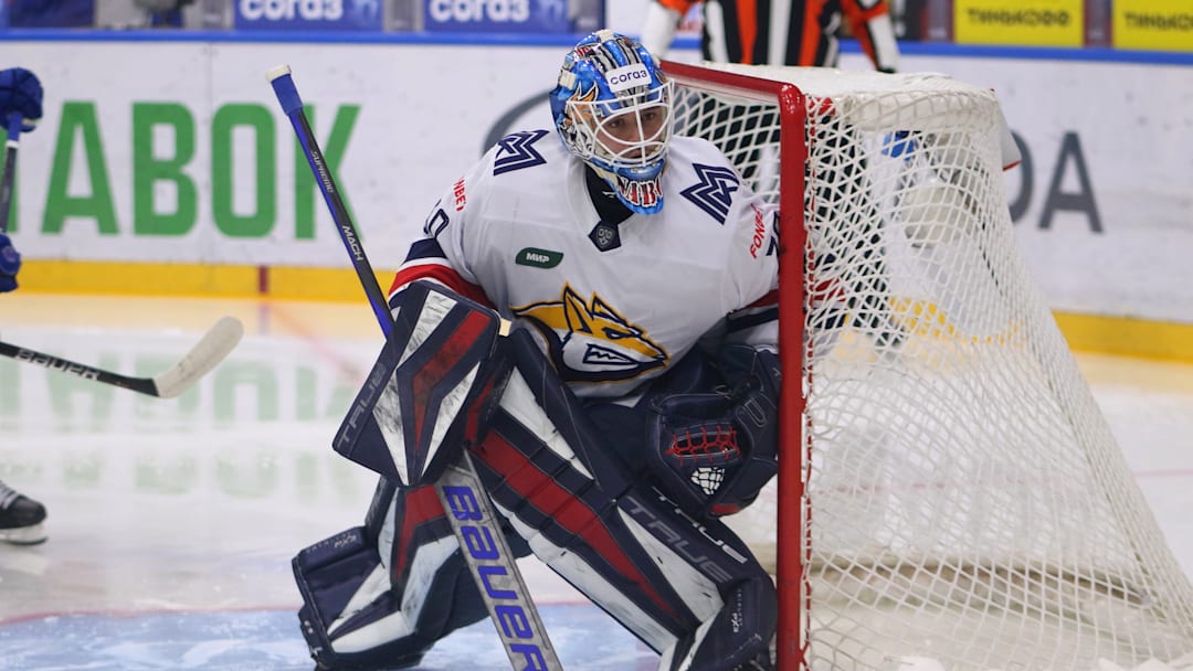 Metallurg Hockey Club player, Ilya Nabokov (30) seen in...