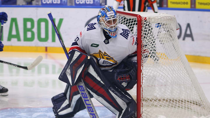 Metallurg Hockey Club player, Ilya Nabokov (30) seen in...