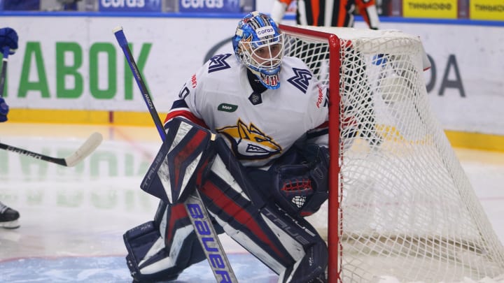 Metallurg Hockey Club player, Ilya Nabokov (30) seen in...