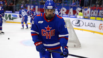 SKA Hockey Club player, Ivan Demidov (11) seen in action...