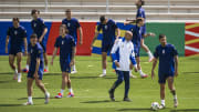 Luciano Spalletti (C), head coach of Italy, looks on amidst...