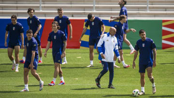 Luciano Spalletti (C), head coach of Italy, looks on amidst...