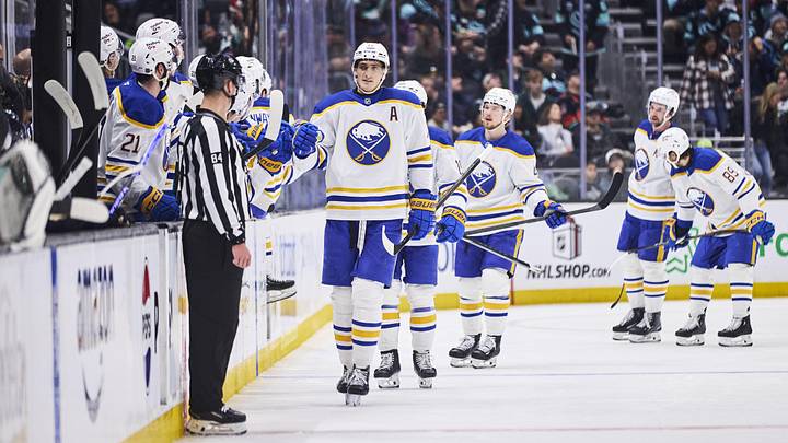 Dec 14, 2025; Seattle, Washington, USA; Buffalo Sabres center Tage Thompson (72) celebrates after scoring a goal during the second period Seattle Kraken at Climate Pledge Arena. Mandatory Credit: Blake Dahlin-Imagn Images