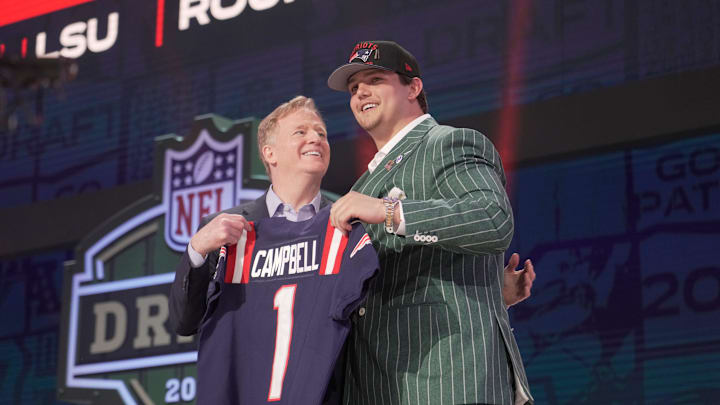 NFL commissioner Roger Goodell poses with Offensive Tackle Will Campbell of LSU after he is selected by the New England Patriots as the number four pick in the first round of the 2025 NFL Draft at Lambeau Field. NFL commissioner Roger Goodell poses with Offensive Tackle Will Campbell of LSU after he is selected by the New England Patriots as the number four pick in the first round of the 2025 NFL Draft at Lambeau Field.