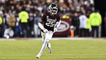 Nov 30, 2024; College Station, Texas, USA; Texas A&M Aggies defensive back Dalton Brooks (25) runs a route during the second half against the Texas Longhorns. The Longhorns defeated the Aggies 17-7 at Kyle Field. Mandatory Credit: Maria Lysaker-Imagn Images 