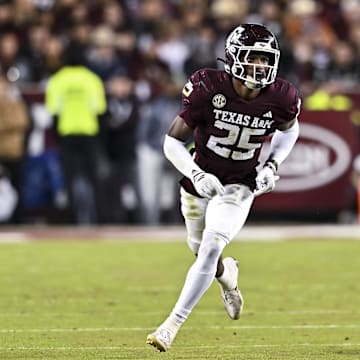 Nov 30, 2024; College Station, Texas, USA; Texas A&M Aggies defensive back Dalton Brooks (25) runs a route during the second half against the Texas Longhorns. The Longhorns defeated the Aggies 17-7 at Kyle Field. Mandatory Credit: Maria Lysaker-Imagn Images 