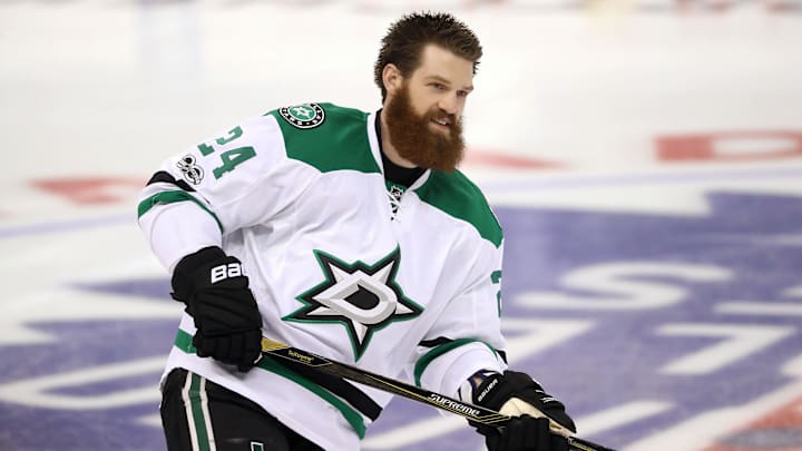 Feb 7, 2017; Toronto, Ontario, CAN; Dallas Stars defenseman Jordie Benn (24) warms up before playing against the Toronto Maple Leafs at Air Canada Centre. Mandatory Credit: Tom Szczerbowski-Imagn Images