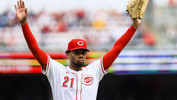 Apr 13, 2025; Cincinnati, Ohio, USA; Cincinnati Reds starting pitcher Hunter Greene (21) reacts after a play in the seventh inning against the Pittsburgh Pirates at Great American Ball Park. Mandatory Credit: Katie Stratman-Imagn Images